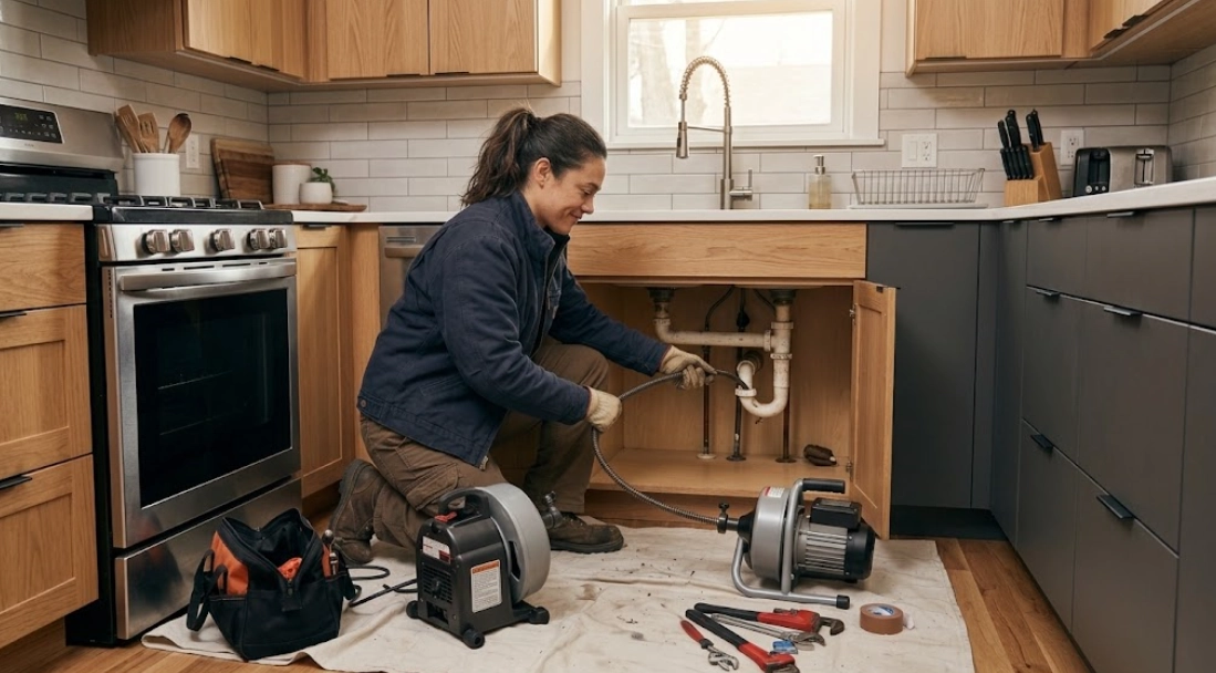 Licensed plumber operating motorized drain snake cable machine under kitchen sink to clear a blocked waste line