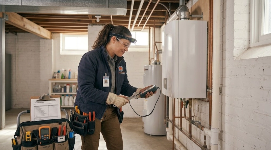 Heating technician testing combustion burner controls and safety pressure valves on a residential boiler